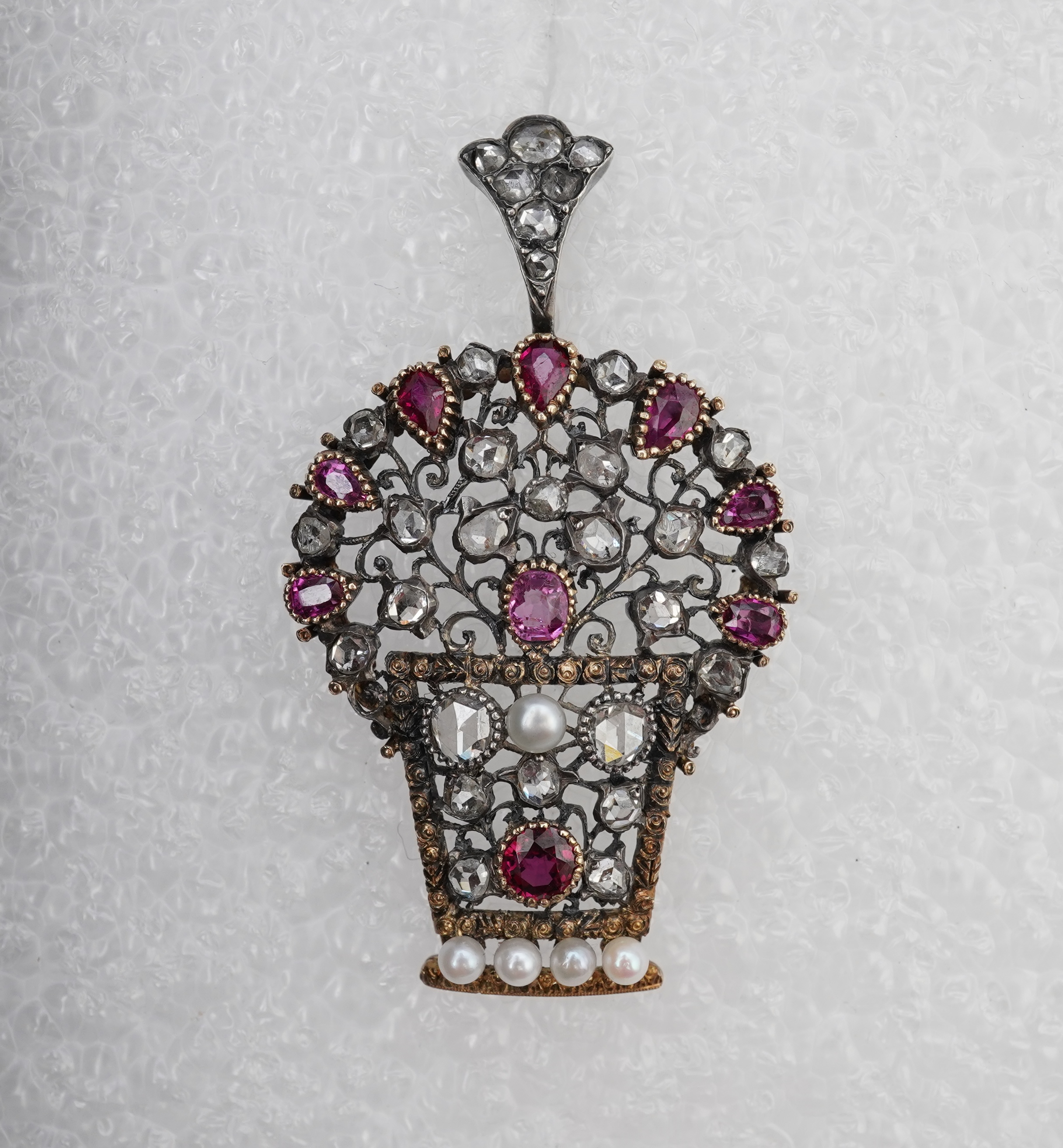 A ruby, pearl and diamond pendant